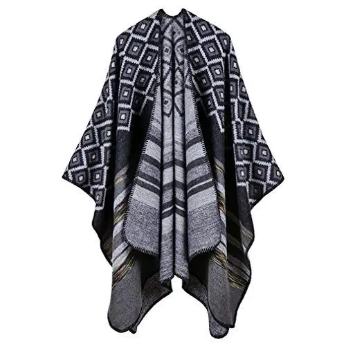 Produktbild: Lifetooler Frauen Poncho Open Front Winterstrickjacke Lady Wendeumhang Bedruckte übergroße Umhänge Karierte Strickdecke Tartan Decke Bohemia Geometrisches Muster Schal (rhombens-schwarz)