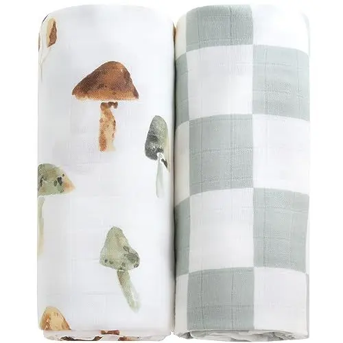 Produktbild: LifeTree Baby Pucktücher aus Baumwolle und Bambus, Musselin Tuch Decke 120x120cm Mullwindeln Baby Swaddle Decke Tücher für Junge und Mädchen, Pilz