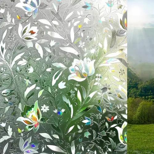 Produktbild: Lifetree Fensterfolie Blickdicht Selbsthaftende: Sichtschutzfolie 3D Regenbogen Fenster Dekorfolie Statisch Haftend ohne Klebstoff Anti UV Sonnenschutzfolie für Büro Wohnzimmer Blumen Tulpe 60x200cm