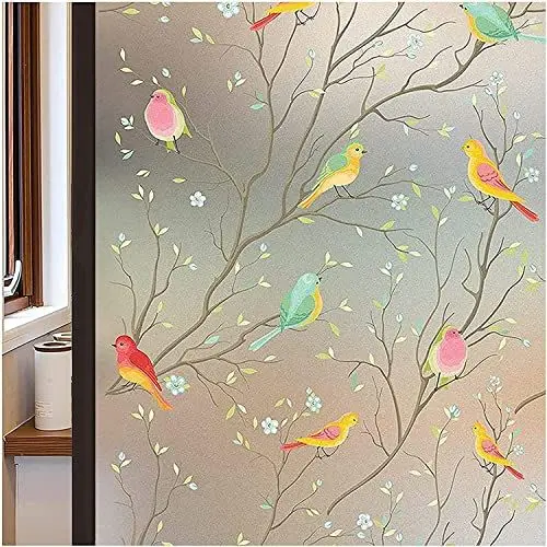 Produktbild: Lifetree Fensterfolie Blickdicht Sichtschuzfolie Selbsthaftende: Glasmalerei Sonnenschutz Fenster Bunt Dekorfolie Privatsphäre Statisch Milchglasfolie Haftend Vogel Fensteraufkleber 90 x 200cm