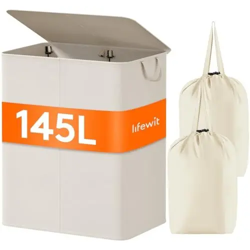 Produktbild: Lifewit 145L Wäschekorb mit 2 Fächern, faltbarer großer Wäschekorb mit Deckel und 2 herausnehmbaren Wäschesäcken für Kleidung, Wäsche, Bad, Beige