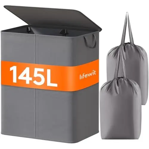 Produktbild: Lifewit 145L Wäschekorb mit 2 Fächern, faltbarer großer Wäschekorb mit Deckel und 2 herausnehmbaren Wäschesäcken für Kleidung, Wäsche, Bad, Grau