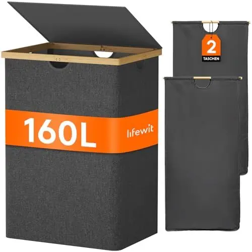 Produktbild: Lifewit 160L Bambus Wäschekorb mit Deckel, Faltbar Wäschesammler 2 Fächer Wäschesortierer mit Abnehmbarem Wäschesack Bambus Griffen Wäschebox Laundry Baskets für Waschküche, Schlafzimmer, Schwarz