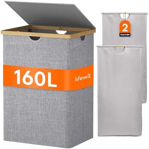 Produktbild: Lifewit 160L Bambus Wäschekorb mit Deckel, Faltbar Wäschesammler 2 Fächer Wäschesortierer mit Abnehmbarem Wäschesack Bambus Griffen Wäschebox Laundry Baskets für Waschküche, Schlafzimmer, Grau