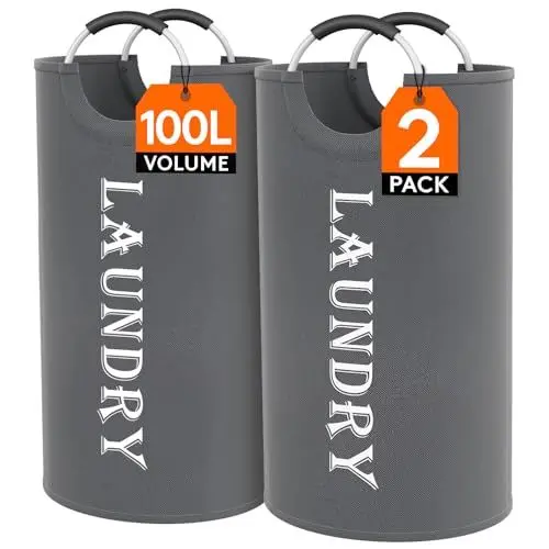 Produktbild: Lifewit 2 Set Faltbarer Wäschekorb 100L, Tragbarer Wäschesammler mit Aluminiumgriff Oxford Stoff Wäschesack Aufbewahrung für Kleidung/Badetuch/Bettbezug Schlafzimmer Badezimmer Waschraum, Grau