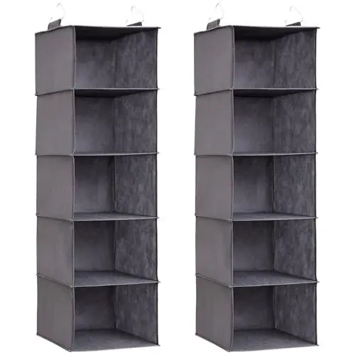 Produktbild: Lifewit 2 Stück Hängeregal, Schrank Organizer, Hängesystem Kleiderschrank, Hängeaufbewahrung aus Stoff, Ordnungssystem Kleiderschrank, Faltbar und Platzsparend mit Metallhaken, 5 Fächer, Grau