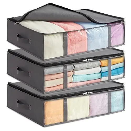 Produktbild: Lifewit 3 Stück 40L Unterbett Aufbewahrungsbox, Faltbare Unterbettkommode Aufbewahrungstasche Storage Boxes mit Deckel, Unterbett Aufbewahrung für Kleider Unterbett Kleiderschrank, Grau