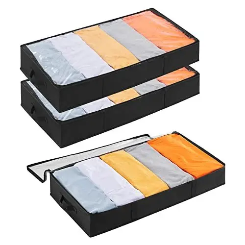 Produktbild: Lifewit 3 Stück Unterbett Aufbewahrungsbox mit Deckel, Unterbettkommode Faltbare Unterbett Aufbewahrung Kleidung Aufbewahrungstasche für Bettdecken Kleidung Unterbett Kleiderschrank, 65L, Schwarz