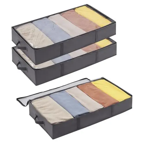 Produktbild: Lifewit 3 Stück 65L Unterbett Aufbewahrungsbox, Unterbettkommode, Faltbare Kleideraufbewahrungstasche mit Deckel für Bettdecken, Kleidung, Unterbett Kleiderschrank, Grau
