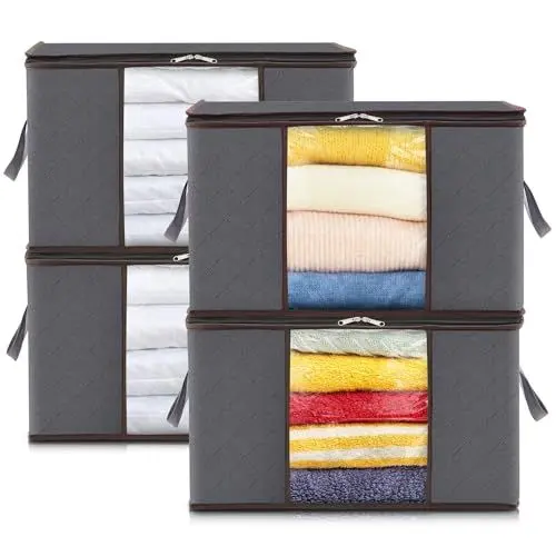 Produktbild: Lifewit 4 Stück Groß Aufbewahrungsbox mit Deckel, Aufbewahrungstasche für Bettdecken Kleidung Aufbewahrung Schrank Kleiderschrank Organizer, faltbare Umzugskartons für Decken Kleider, Grau