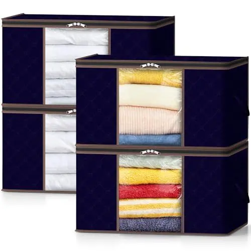 Produktbild: Lifewit 4 Stück Groß Aufbewahrungsbox mit Deckel, Aufbewahrungstasche für Bettdecken Kleidung Aufbewahrung Schrank Kleiderschrank Organizer, faltbare Umzugskartons für Decken Kleider, Dunkelblau