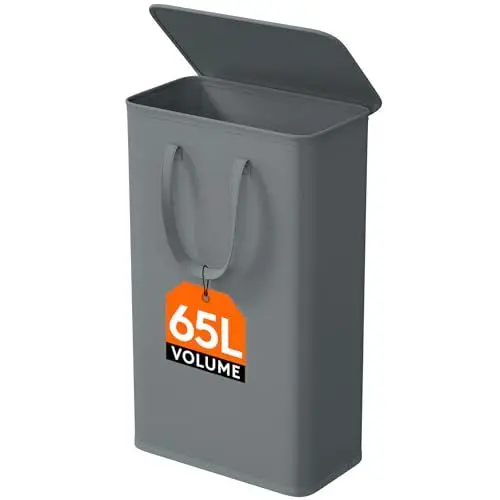 Produktbild: Lifewit 65L Wäschekorb Schmal mit Deckel, Wäschekorb Waschenkorbe Faltbar Klein, Wäschesammler mit Griffen, Wäschebox Laundry Baskets für Waschküche Schlafzimmer, Badezimmer, Grau,1 Packungen