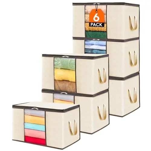 Produktbild: Lifewit 6 Stück 60L Aufbewahrungstasche, Aufbewahrungsbox mit Deckel, Kleiderschrank Organizer Faltbare Kleideraufbewahrung Umzugskartons mit Verstärkt Griff für Bettdecken Kleidung Decke, Beige