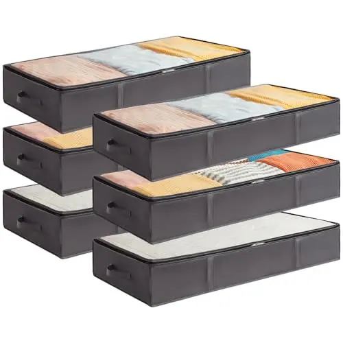 Produktbild: Lifewit 6 Stück 75L Unterbettkommode, Unterbett Kleideraufbewahrung Faltbare Aufbewahrungsbox mit Deckel, Kleidung Aufbewahrungstasche für Kleider Kleidung Unterbett Kleiderschrank, Grau
