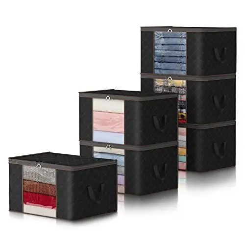 Produktbild: Lifewit 6 Stück 90L Aufbewahrungstasche, Aufbewahrungsbox mit Deckel, Groß Kleideraufbewahrung Umzugskartons, Faltbare Aufbewahrung Boxen für Bettdecken Kleidung Unterbett Kleiderschrank, Schwarz