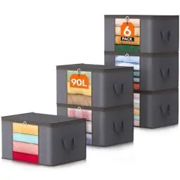 Produktbild: Lifewit 6 Stück 90L Aufbewahrungstasche, Aufbewahrungsbox mit Deckel, Groß Kleideraufbewahrung Umzugskartons, Faltbare Aufbewahrung Boxen für Bettdecken Decken Kleidung Unterbett Kleiderschrank, Grau