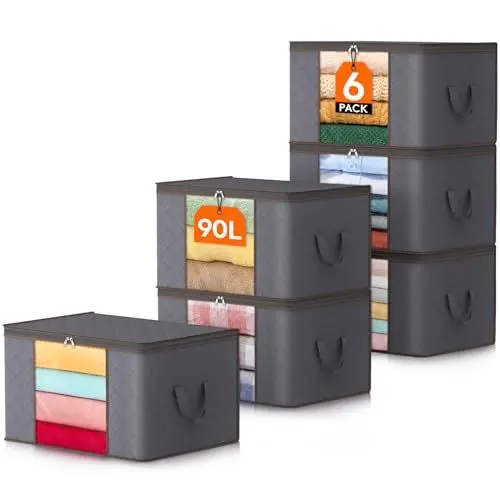 Produktbild: Lifewit 6 Stück 90L Aufbewahrungstasche, Aufbewahrungsbox mit Deckel, Groß Kleideraufbewahrung Umzugskartons, Faltbare Aufbewahrung Boxen für Bettdecken Decken Kleidung Unterbett Kleiderschrank, Grau
