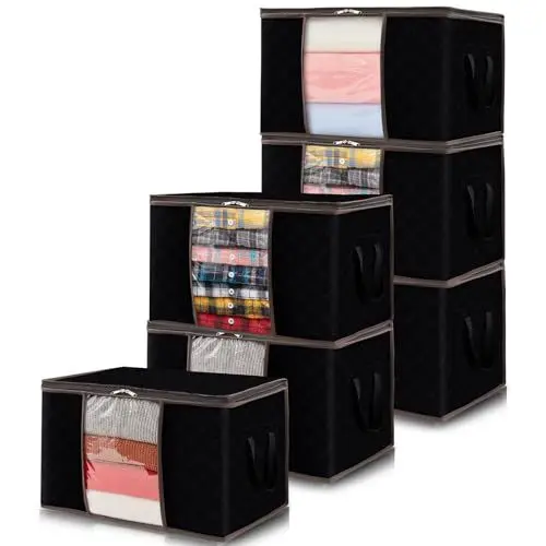 Produktbild: Lifewit 6 Stück Aufbewahrungstasche, Aufbewahrungsbox mit Deckel, Kleiderschrank Organizer Faltbare Kleideraufbewahrung Umzugskartons mit Verstärkt Griff für Bettdecken Kleidung Decke, Schwarz