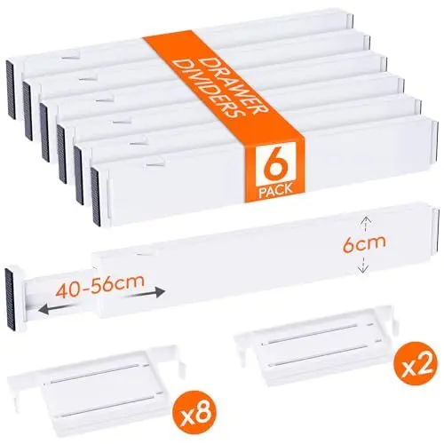Produktbild: Lifewit 6 er-Set Verstellbar Schubladentrenner 6 cm hoch und 40,6-56 cm länge, Schubladen Organizer, Schubladenteiler aus Kunststoff mit 10 Einsätzen für Kleidung, Make-up, Schminktisch, Küche