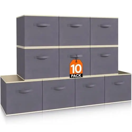 Produktbild: Lifewit 10 Stück Aufbewahrungsbox aus Stoff, Faltbar Aufbewahrungswürfel Boxen Aufbewahrung Ordnungsboxen aus Vliesstoff mit Griff für Kisten Kallax Boxen Regal 33 x 33 x 33 cm, Grau