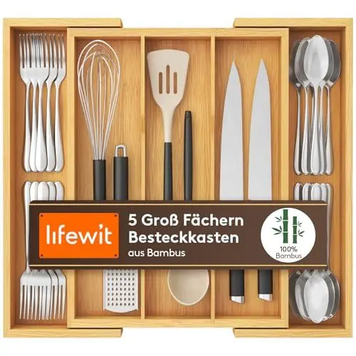 Produktbild: Lifewit Besteckkasten für Schubladen, erweiterbarer großer Besteckkasten für die Küche, verstellbarer Besteckeinsatz für Schubladen, Bambus Küchenzubehör, Trenneinsatz, groß, Naturfarbe