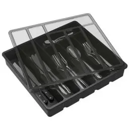 Produktbild: Lifewit Besteckkasten mit Deckel, Besteckaufbewahrung für Küchenschublade und Arbeitsplatte, Besteckkasten für Schubladen aus Kunststoff für Löffel, Gabeln, Messer, Einsatz, 6 Fächer, Schwarz