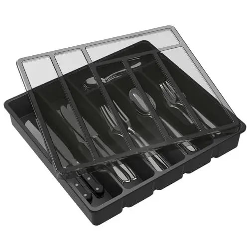 Produktbild: Lifewit Besteckkasten mit Deckel, Besteckaufbewahrung für Küchenschublade und Arbeitsplatte, Besteckkasten für Schubladen aus Kunststoff für Löffel, Gabeln, Messer, Einsatz, 6 Fächer, Schwarz