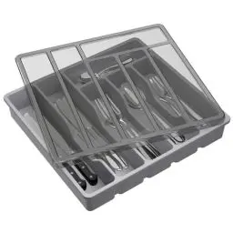 Produktbild: Lifewit Besteckkasten mit Deckel, Besteckaufbewahrung für Küchenschublade und Arbeitsplatte, Besteckkasten für Schubladen aus Kunststoff für Löffel, Gabeln, Messer, Einsatz, 6 Fächer, Grau