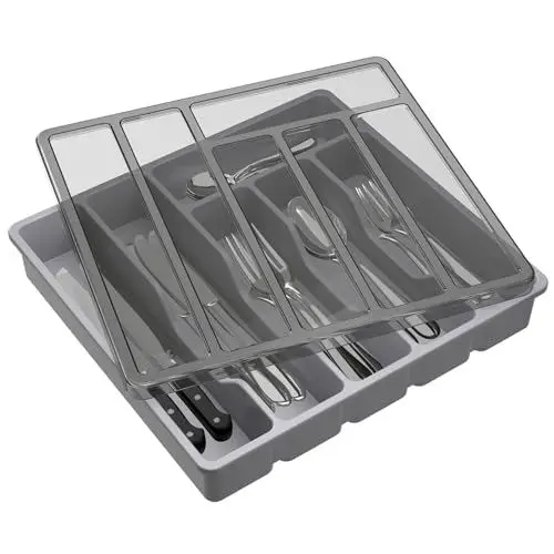Produktbild: Lifewit Besteckkasten mit Deckel, Besteckaufbewahrung für Küchenschublade und Arbeitsplatte, Besteckkasten für Schubladen aus Kunststoff für Löffel, Gabeln, Messer, Einsatz, 6 Fächer, Grau