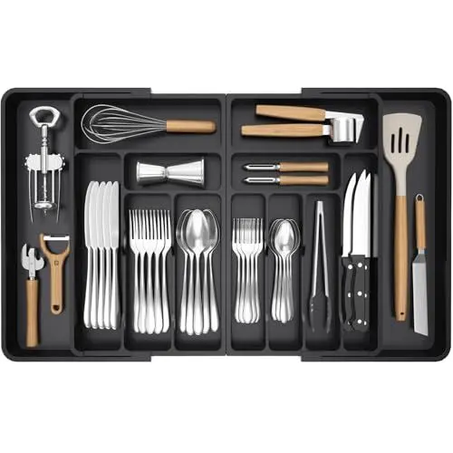 Produktbild: Lifewit Große Besteckkasten für Schubladen, Einstellbar Breite 541-914mm, 11-13 Fächern, Abnehmbarer Besteckkasten Schubladen für Messer Gabel Löffel, Schubladen Organizer Küchen Kunststoff, Schwarz