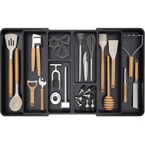 Produktbild: Lifewit Große Schubladen Organizer Küche, Kunststoff Einstellbare Breite 541-914mm, 6-8 Fächern, Tiefe 428 mm, Abnehmbarer Besteckkasten Schubladen, Besteckkorb für Backen/Messer/Gabel/Löffel, Schwarz