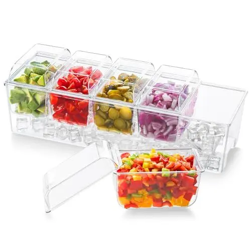 Produktbild: Lifewit abnehmbare Ice Zutatenbehälter mit Deckel, 40,7 x 10,2 x 17,5 cm Frischebehälter, Ice Eiswürfel hinzufügbar, 5 Fächer Behälter zum Garnieren, Serving Bar für Obst/Snacks/Cocktail Zutaten
