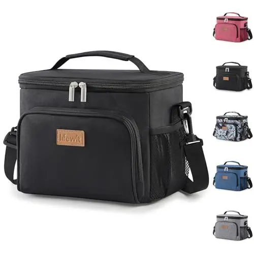 Produktbild: Lifewit Isolierte Kühltasche, Wiederverwendbare Lunchtasche, Tragbare Kühlbox, weiche Tragetasche, auslaufsicher, mit verstellbarem Schulterriemen für Erwachsene für Arbeit/Picknick, Schwarz 9L