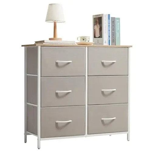 Produktbild: Lifewit Kommode für Schlafzimmer, Kommode mit 6 Stoffschubladen, Aufbewahrungsturm für Schrank, Wohnzimmer, Flur, Schlafzimmer, Büro, Stahlrahmen & Holzplatte, Hellgrau