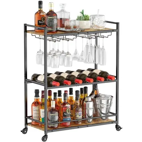 Produktbild: Lifewit Servierwagen, 3-stöckiger Barwagen mit blockierbaren Rädern, Weinregal und Glashaltern, Küchenwagen, Esszimmer, Wohnzimmer, 63,2 x 30 x 81,5 cm, Rustikales Braun