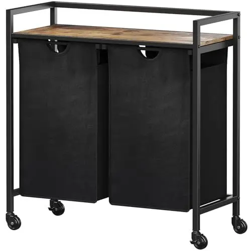 Produktbild: Lifewit Wäschekorb 2 Fächer mit Rollen, 95L/47,5x2L Wäschewagen mit Ablage, Laundry Baskets mit herausziehbaren Säcken, Schmutzwäschebehälter für Waschküche, Schlafzimmer, 76x33,5x78cm, Schwarz