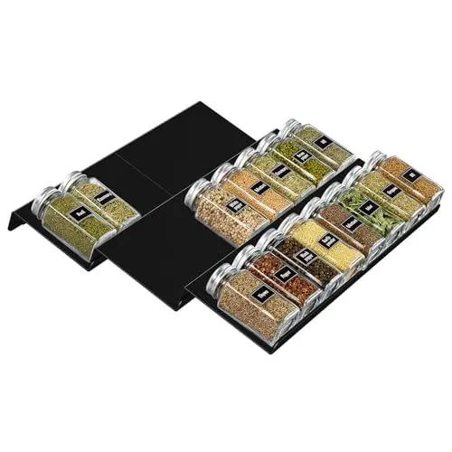 Produktbild: Lifewit Gewürz Organizer Schublade, 6 Stück Abnehmbares Gewürzregal Schublade Breite 20 bis 40 cm, 3 Etagen Gewürz Schubladeneinsatz aus Kunststoff, Spice Rack für Arbeitsplatte/Schrank, Schwarz
