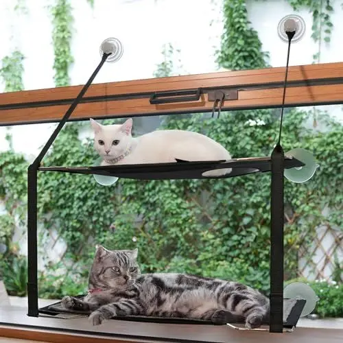 Produktbild: LIFIS Katzen Fensterliege Klappbar Hängematte für Fenster Metallrahmen bis zu 25kg 2 Schichten Katzenbett, Weiche Matten, Sonniger Katzenhängematte