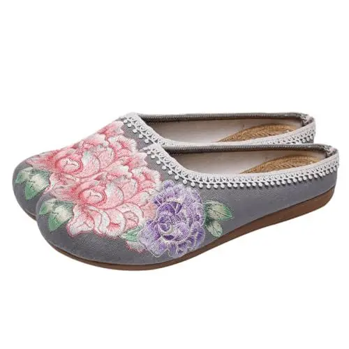 Produktbild: LIFKOME 1 Paar Flache Sandalen aus Stoff Zuhause Schuhe tragen Flache Abendschuhe für Damen elegant hibienen Schuhe Women Shoes zarte Flache Schuhe Frauen Stickerei Schuhe Sohle: Gummi