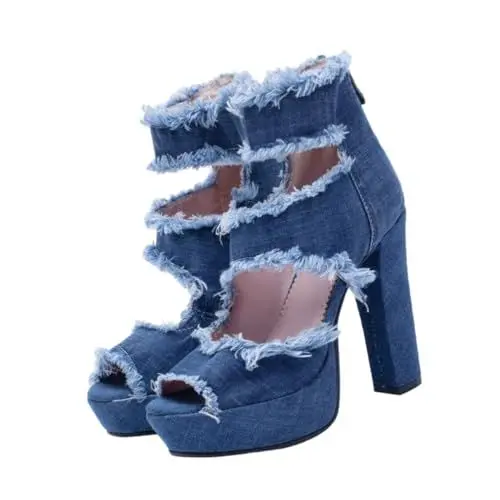Produktbild: LIFKOME Bequeme Denim-Damen-high-Heels Mit Offener Zehenpartie Und Absatzsandalen Für Damen