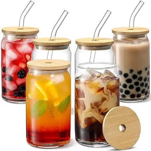 Produktbild: LIFKOME 2Pcs Glasbecher mit Holzdeckel Und Glasstroh 12 Unzen Eisgläser Dosen Geformte Glasbecher Tragbare Getränkebecher Becher Tasse für Smoothie Boba- Tee Eistekaffee