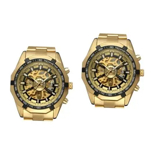 Produktbild: LIFKOME 2 Stück Edelstahlarmband Automatische Mechanische Uhr Für Herren Golden/schwarzes Design