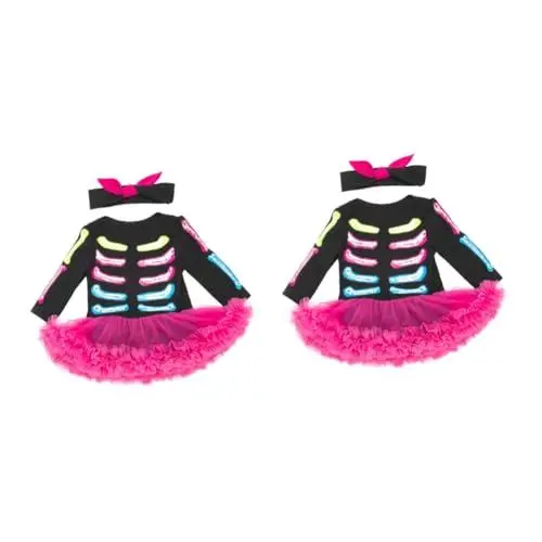 Produktbild: LIFKOME 2 Sätze Festival-skelett-kleid Kinder Schwarzes Kleid -tutu-rock Kleid Für Mädchen Kleid Mit Langen Ärmeln Schwarze Kleider Für Kinder Halloween-stramplerrock Baumwolle