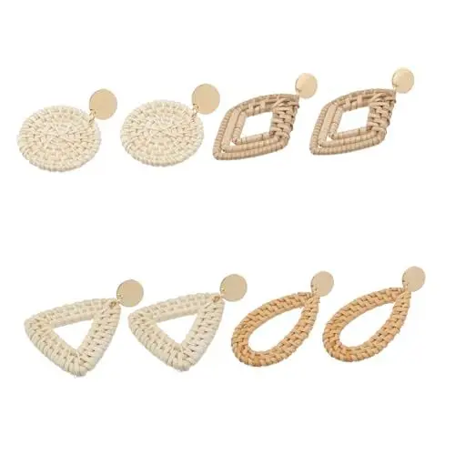 Produktbild: LIFKOME 4 Paare Übertriebene Rattanohrringe Rattan-ohrhänger Geometrischer Rattan-ohrring Quastenohrringe Kleine Creolen Trendige Ohrringe Rattan-ohrringe Für Frauen Langer Ohrring Holz