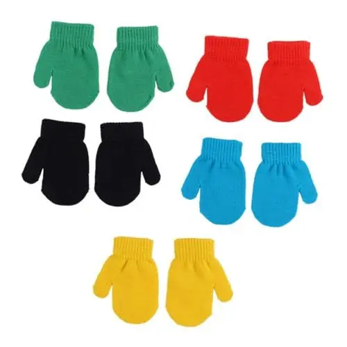 Produktbild: LIFKOME 5paare Junge Mädchen Strickhandschuhe Unisex Vollfinger-mitten Winter-warmhandschuhe Bunten Farben Für Kalte Tage Und Aktive Abenteuer