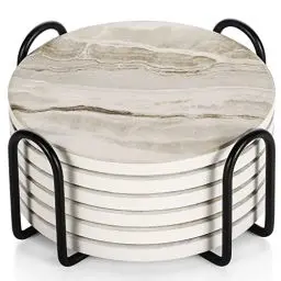 Produktbild: LIFVER Untersetzer Gläser, Marmor Glas Untersetzer-Set 6er, Absorbierender Untersetzer mit Korkboden und Halter, Getränk Untersetzer für Bars, Cafés, Haus, Party, Büro, Geschencke für Mama Papa