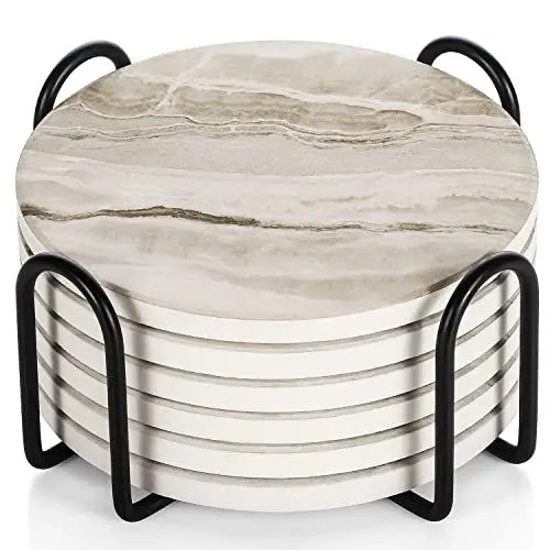 Produktbild: LIFVER Untersetzer Gläser, Marmor Glas Untersetzer-Set 6er, Absorbierender Untersetzer mit Korkboden und Halter, Getränk Untersetzer für Bars, Cafés, Haus, Party, Büro, Geschencke für Mama Papa