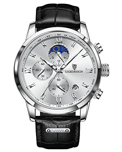 Produktbild: LIGE Herren-Armbanduhr, analog, Quarz, Leder, wasserdicht, Edelstahl, Business, Freizeit, Datum, Chronograph, Armbanduhr für Herren, silberfarben / weiß, Klassisch