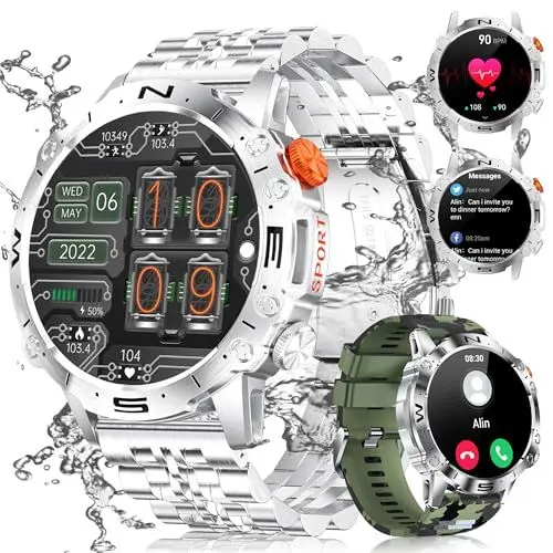 Produktbild: LIGE Herren Smartwatch 1.43 Zoll AMOLED Always-On Display Sportuhr mit Telefonfunktion Kompatibel Android iOS,5ATM Wasserdicht,100+Sport Modi,400mAh,Smartwatch mit Herzfrequenz/Schlafüberwachung