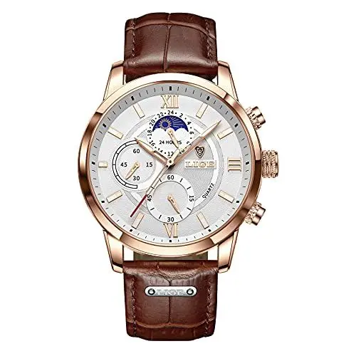 Produktbild: LIGE Herren Uhren Mode Wasserdicht Chronograph Analog Quarz Business Kleid Lederarmband Armbanduhr für Herren (Weiss-Braun)